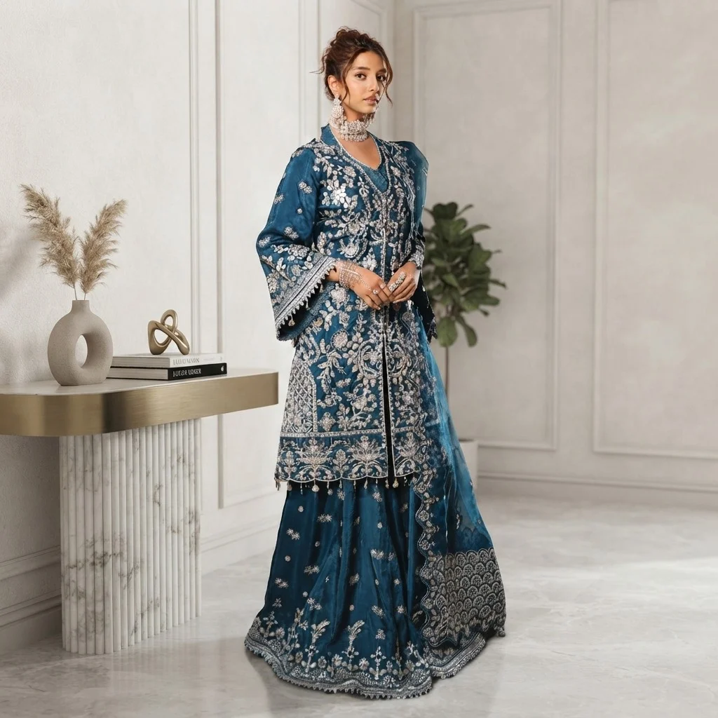 Bluish Cyan Silk Pakistani party wear
