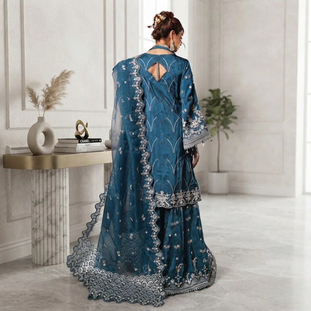 Bluish Cyan Silk Pakistani party wear