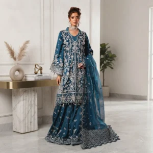 Bluish Cyan Silk Pakistani party wear