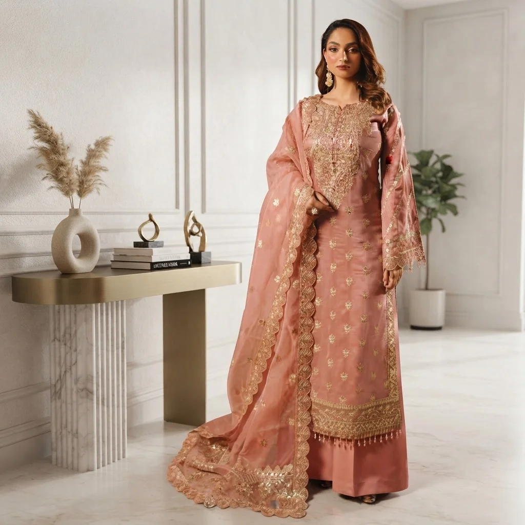 Brownish Pink Silk pakistani party wear dresses