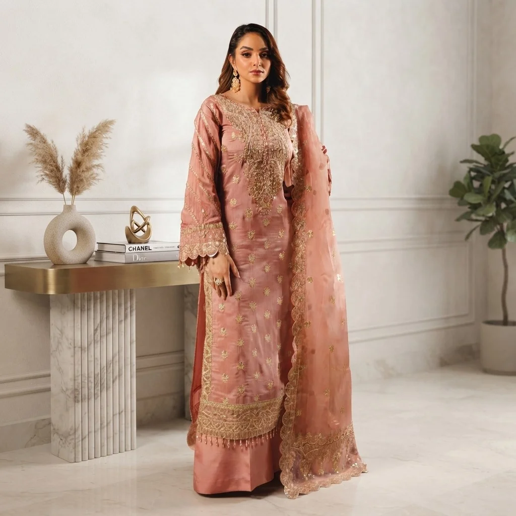 Brownish Pink Silk pakistani party wear dresses