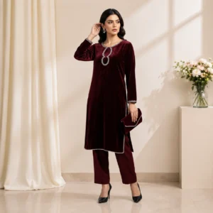 Burgundy Hand-Embellished Pakistani Velvet Suit