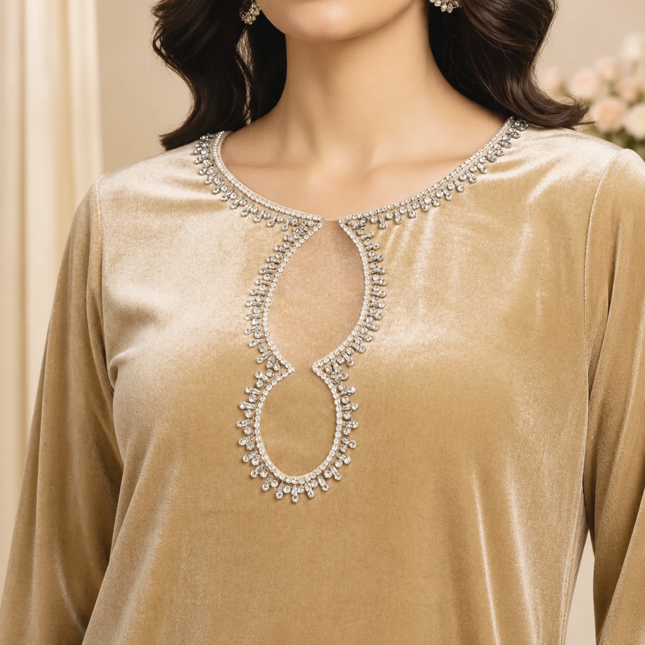 Champagne Gold velvet suits pakistani
