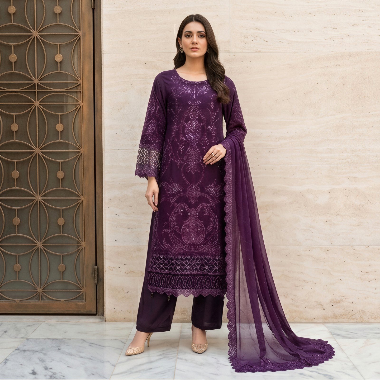 Dark Purple Chiffon pakistani party wear