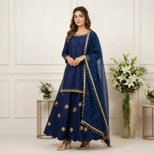 Embellished Navy Blue silk pakistani suits