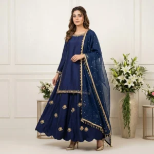 Embellished Navy Blue silk pakistani suits