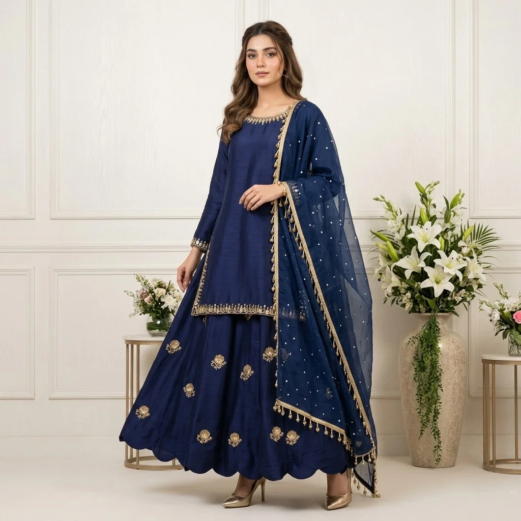 Embellished Navy Blue silk pakistani suits