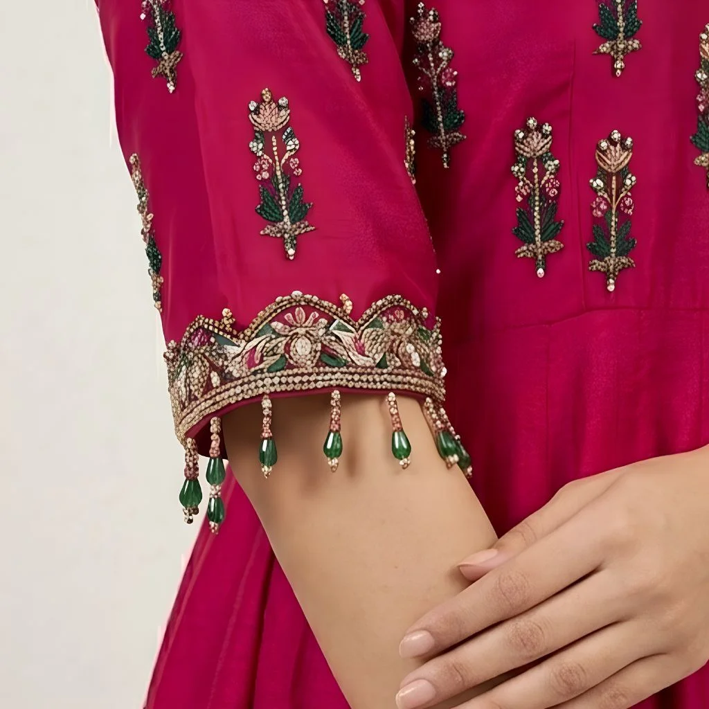 Embellished Vibrant Fushia Pakistani Silk Suit UK