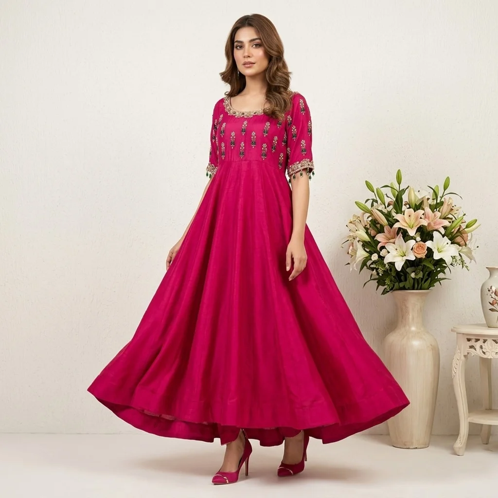 Embellished Vibrant Fushia Pakistani Silk Suit UK