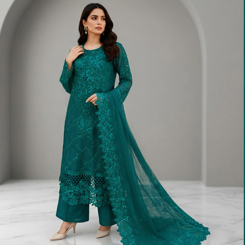 Emerald Green Chiffon pakistani party wear dresses