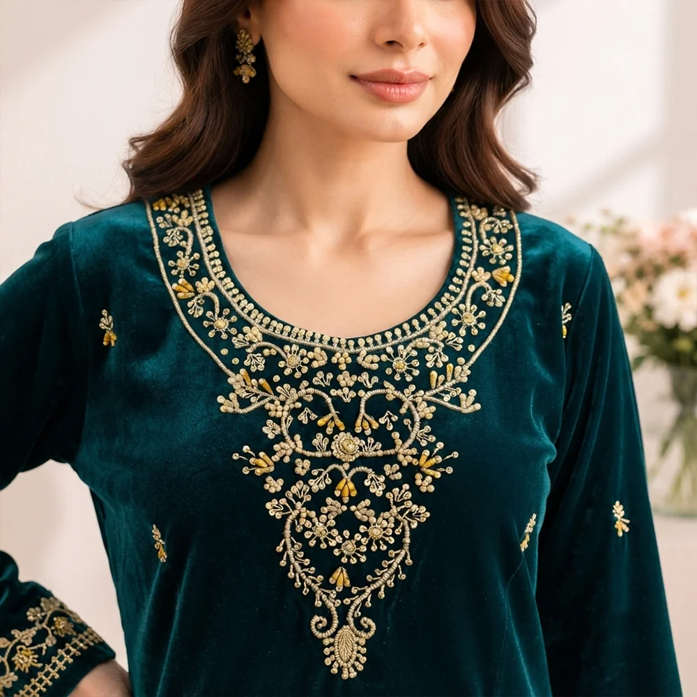 Green velvet suit pakistani