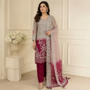 Grey & Plum Chiffon pakistani party wear uk