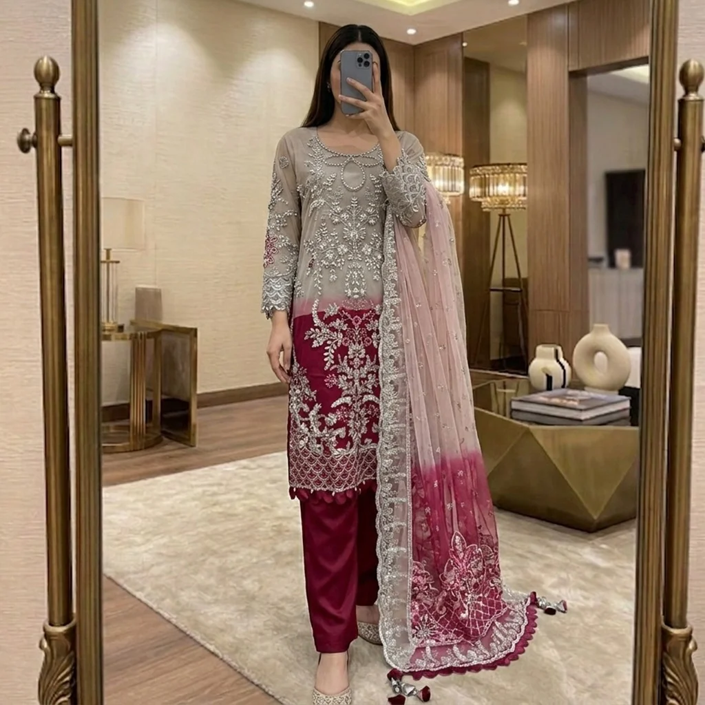 Grey & Plum Chiffon pakistani party wear uk