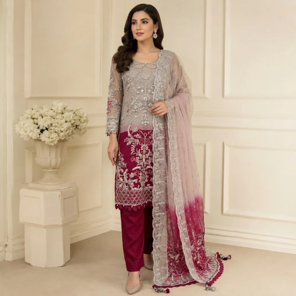 Grey & Plum Chiffon pakistani party wear uk