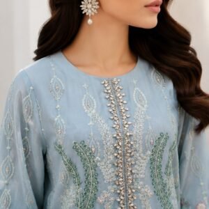 Ice blue chiffon pakistani party wear