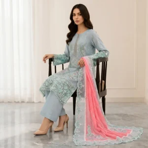 Ice blue chiffon pakistani party wear