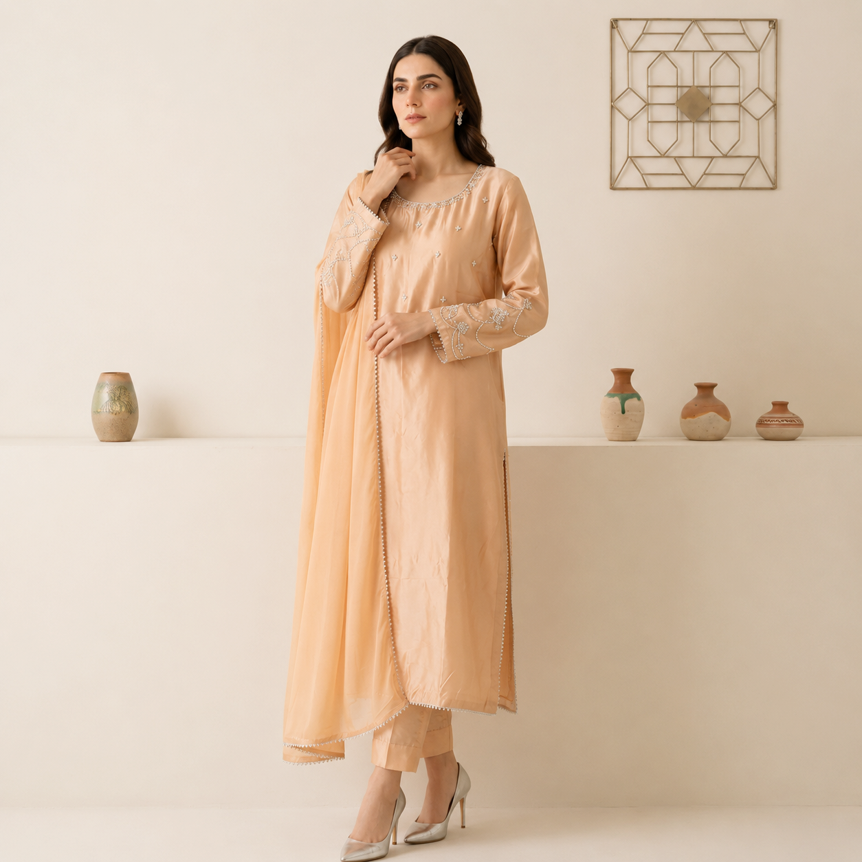Light Apricot pakistani silk suits