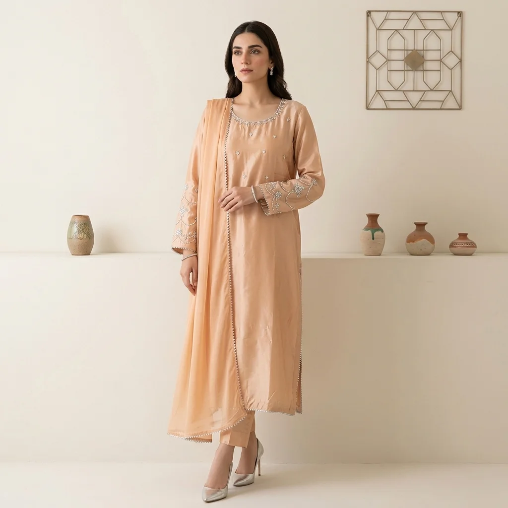 Light Apricot pakistani silk suits