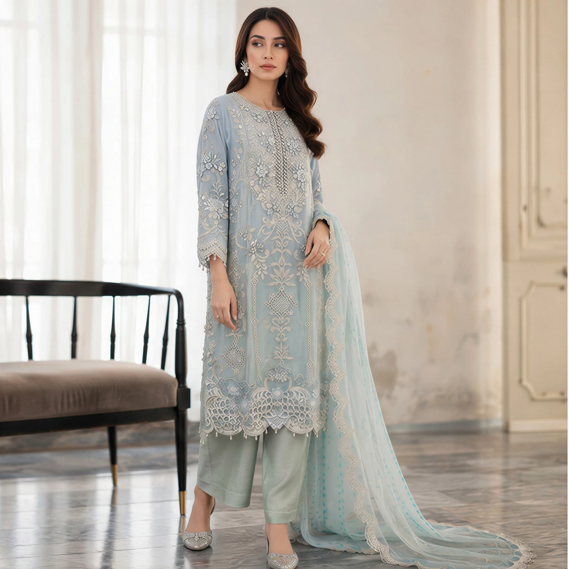 Light Grey Chiffon pakistani party wear