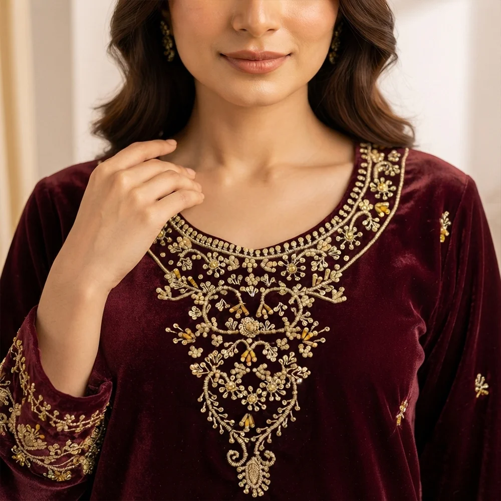 Mehroon Hand-Embellished Velvet Pakistani Suit