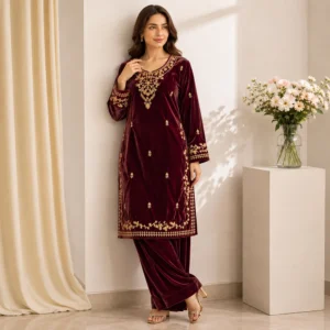 Mehroon Hand-Embellished Velvet Pakistani Suit