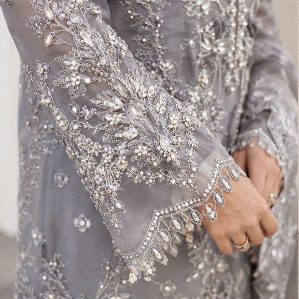 Metallic Grey Chiffon party wear pakistani suits