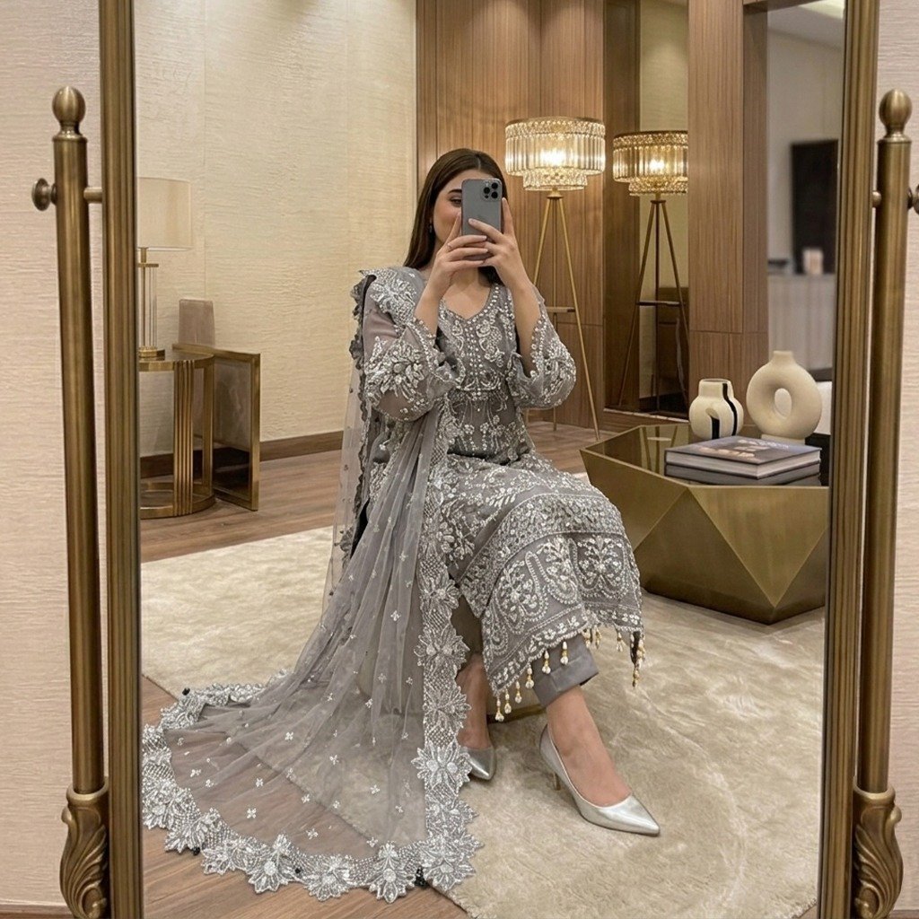 Metallic Grey Party Wear Pakistani Suit - Image 5