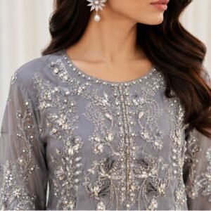 Metallic Grey Chiffon party wear pakistani suits