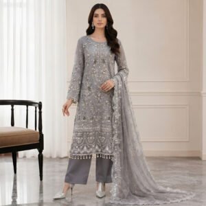 Metallic Grey Chiffon party wear pakistani suits