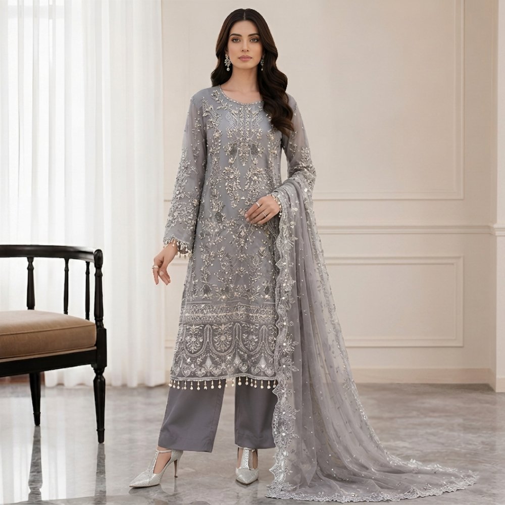 Metallic Grey Chiffon party wear pakistani suits