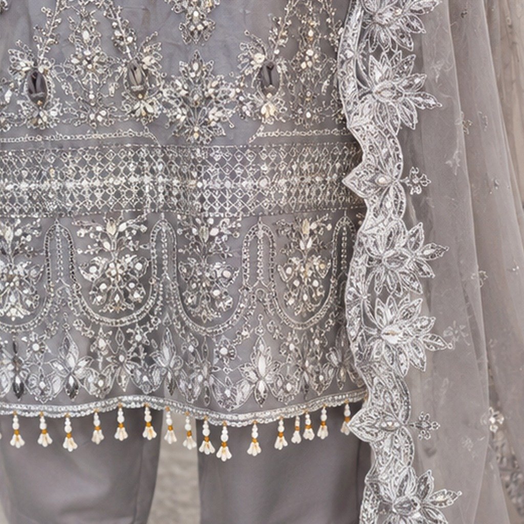 Metallic Grey Chiffon party wear pakistani suits