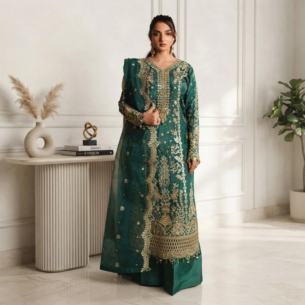 Mineral Green Silk pakistani party wear