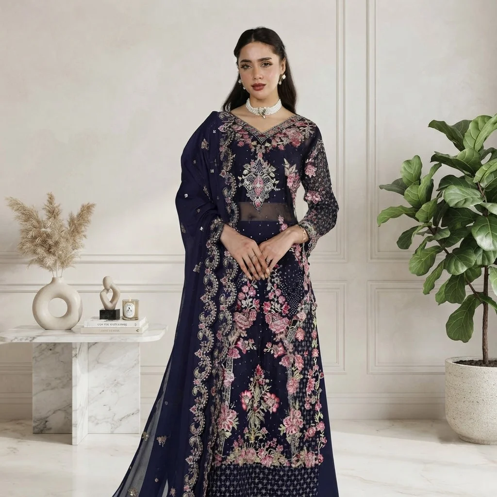 Navy Blue chiffon pakistani party wear suits