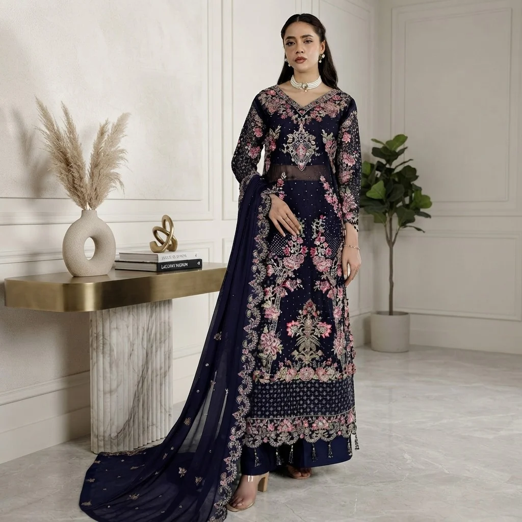 Navy Blue chiffon pakistani party wear suits