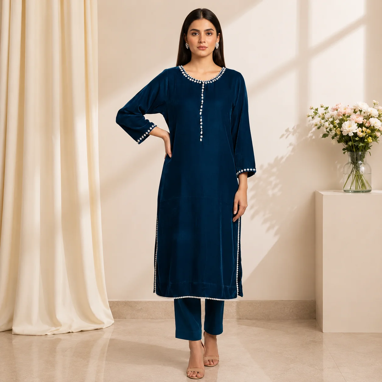 Navy Blue Hand-Embellished Velvet Pakistani Suit