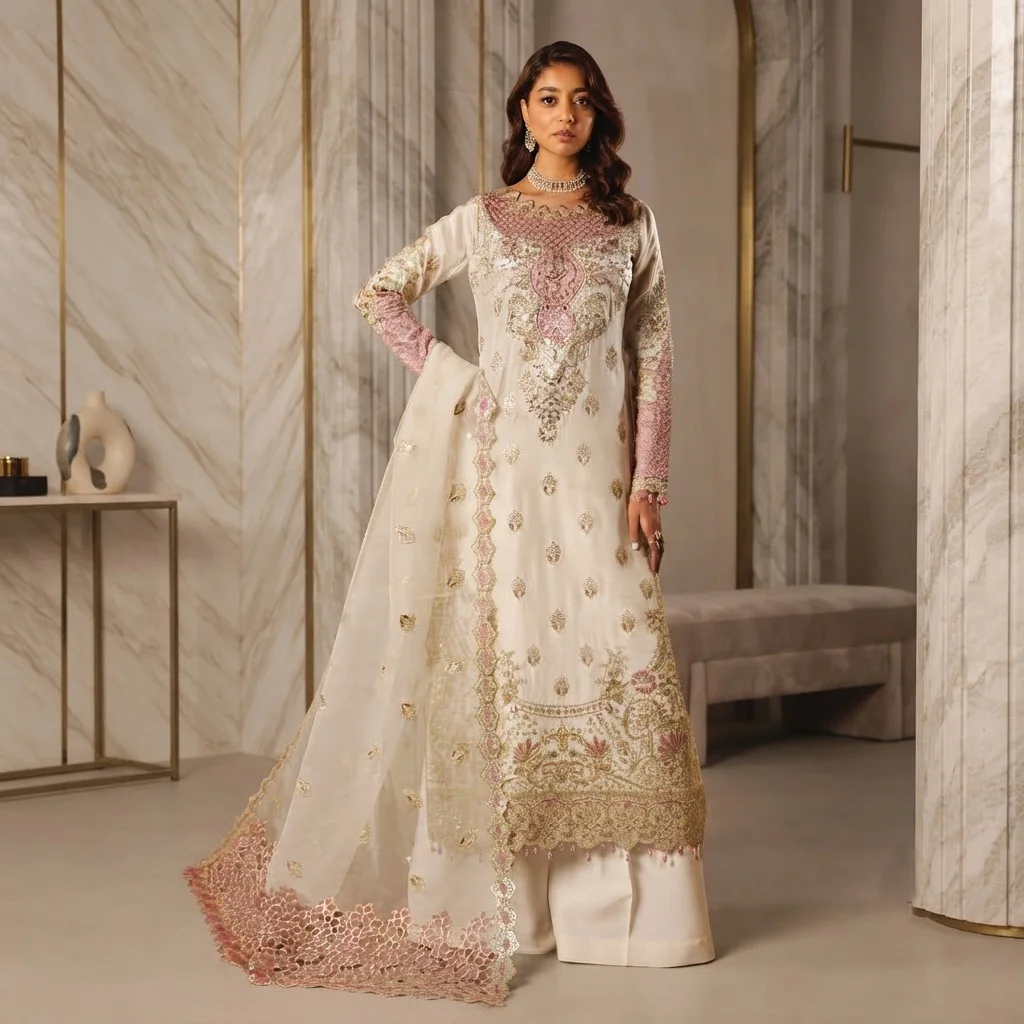 Off-White Silk party wear pakistani suits