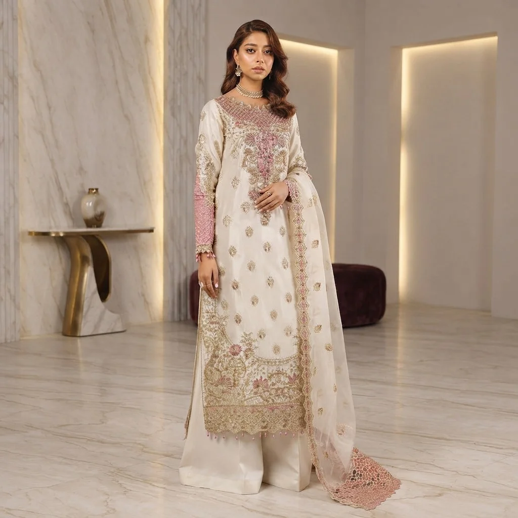 Off-White Silk party wear pakistani suits