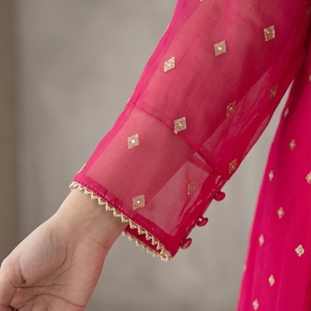 Pinkish red Chiffon pakistani party wear suits