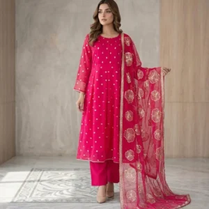 Pinkish red Chiffon pakistani party wear suits