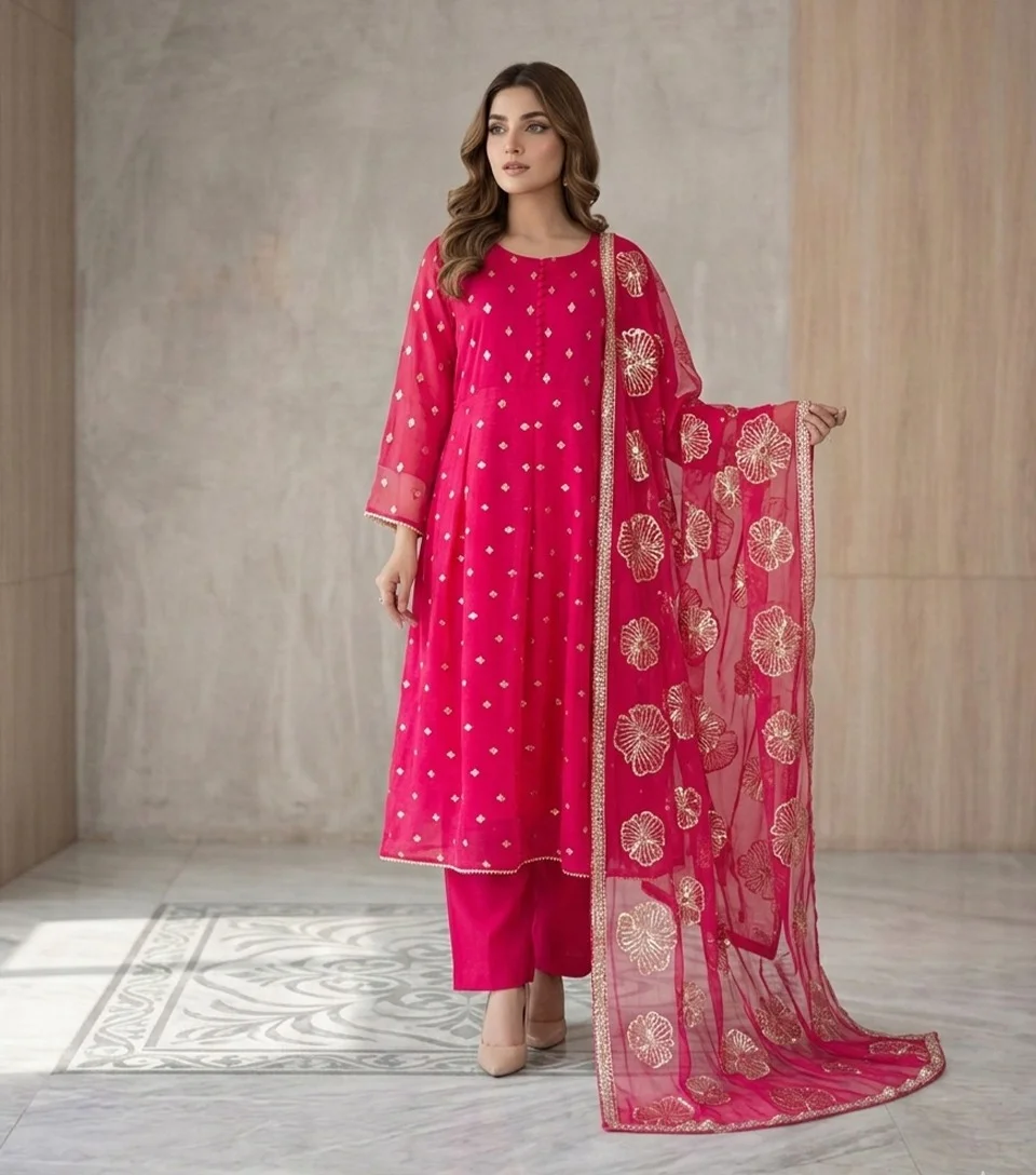 Pinkish red Chiffon pakistani party wear suits
