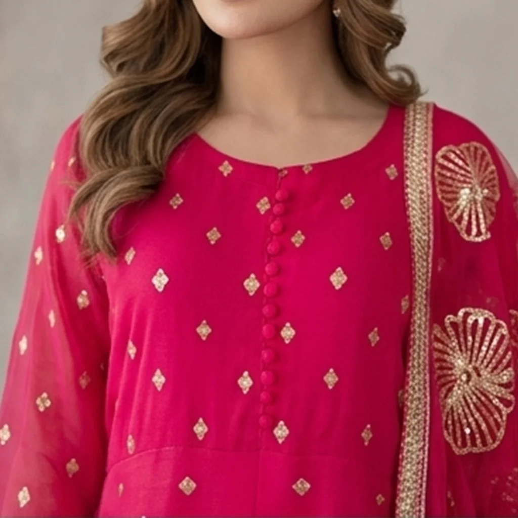 Pinkish red Chiffon pakistani party wear suits