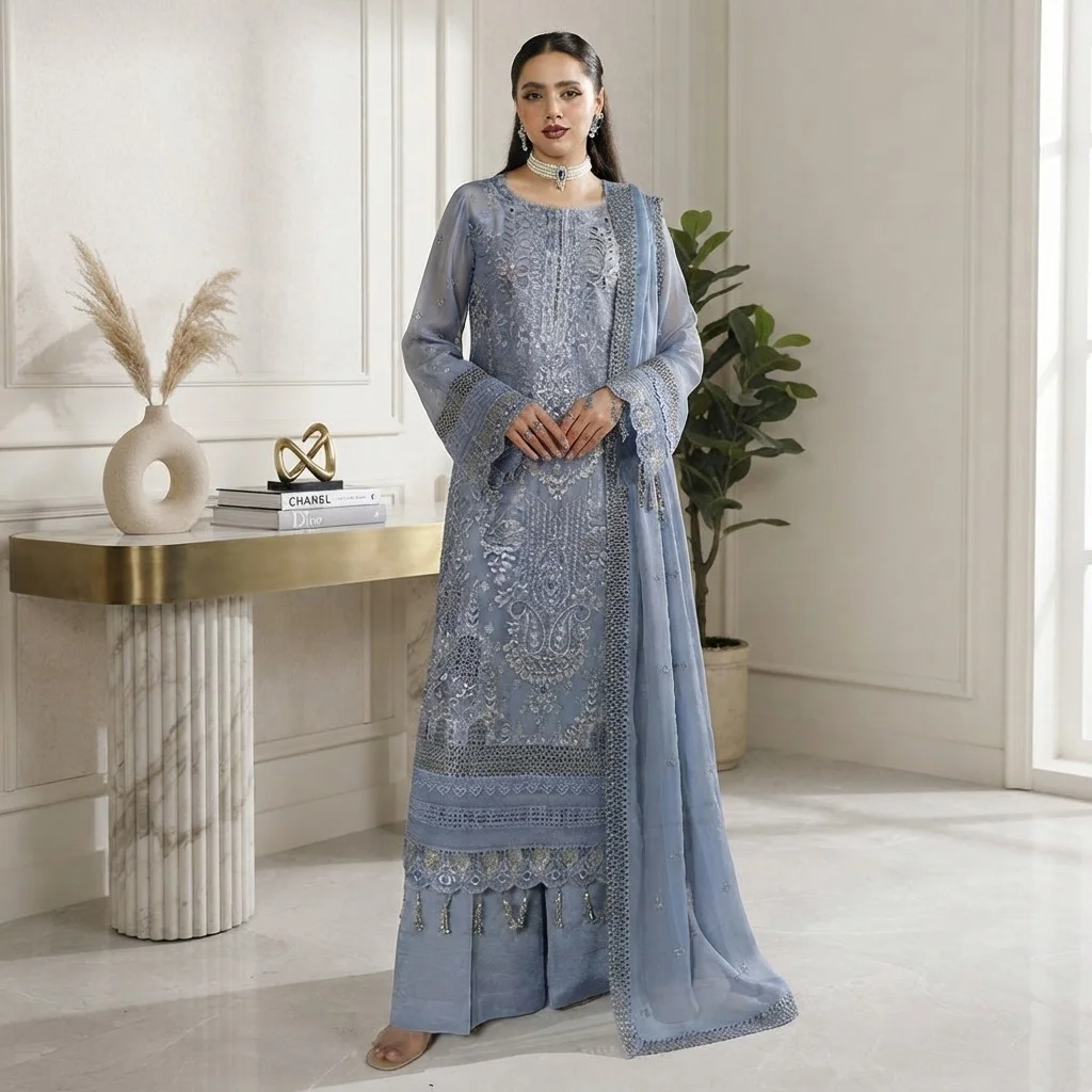 Regent Grey chiffon pakistani party wear suits