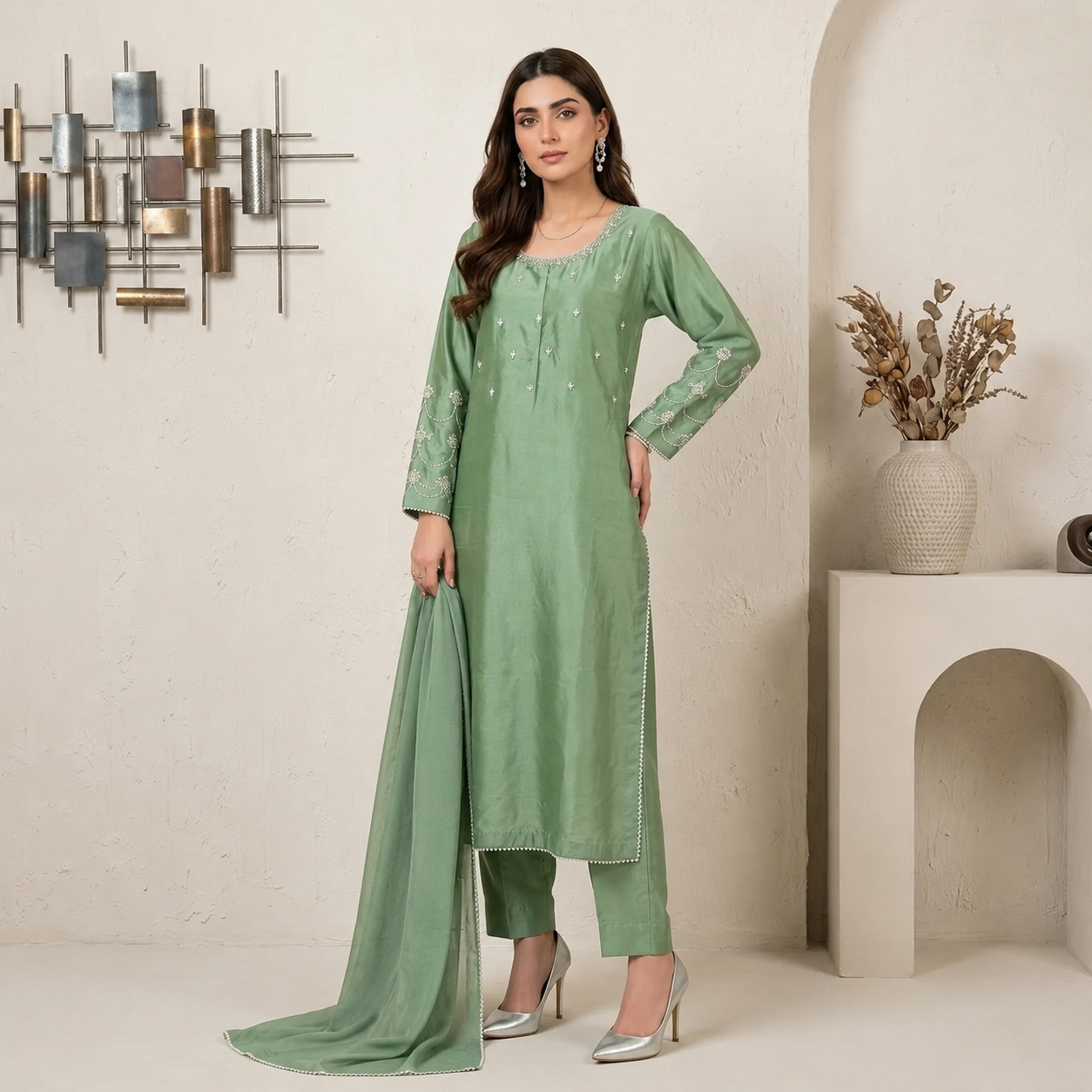 Sage Green pakistani silk suits