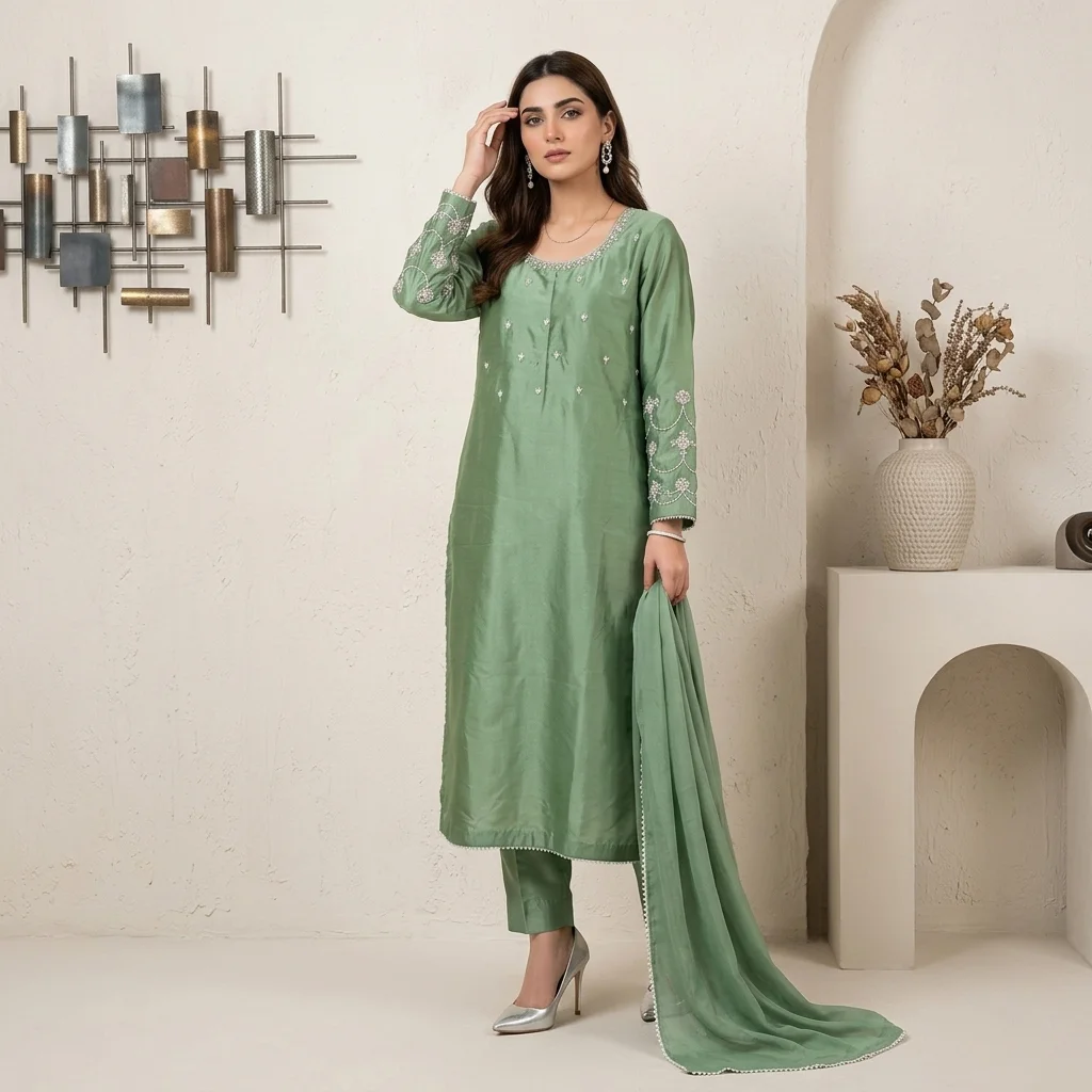 Sage Green pakistani silk suits