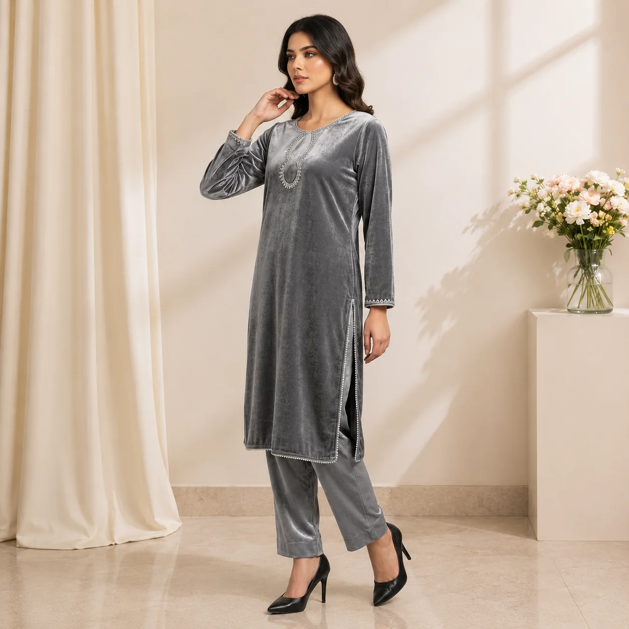 Silver grey pakistani velvet suits