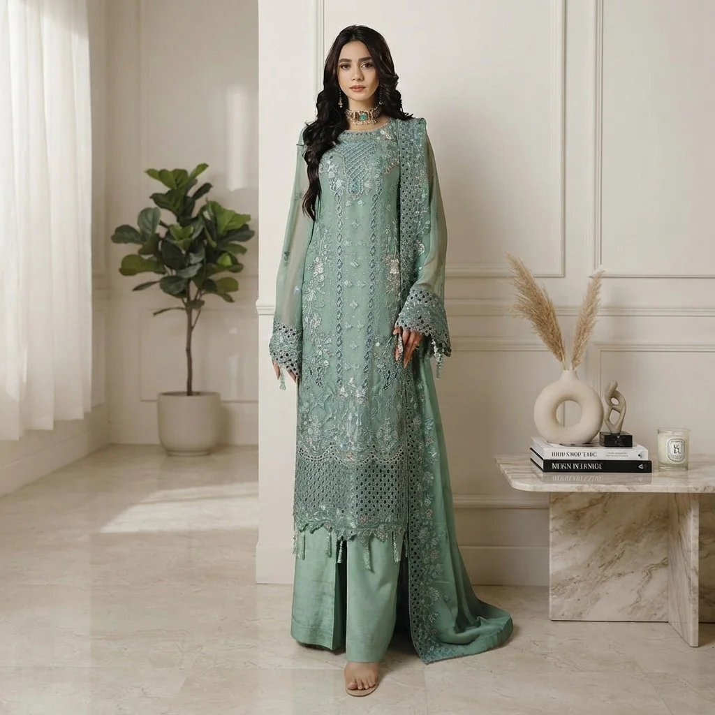 Slate Green chiffon party wear pakistani suits