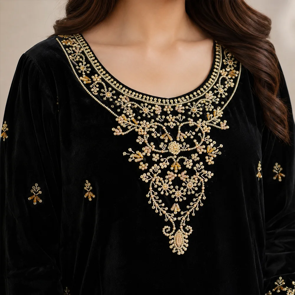 Black Hand-Embellished Pakistani Velvet Suit