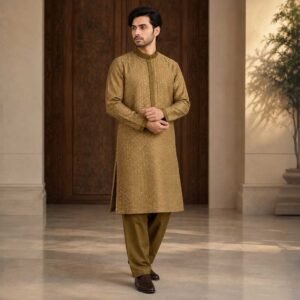 Antique Gold Raw Silk Kurtas for Men in Wedding