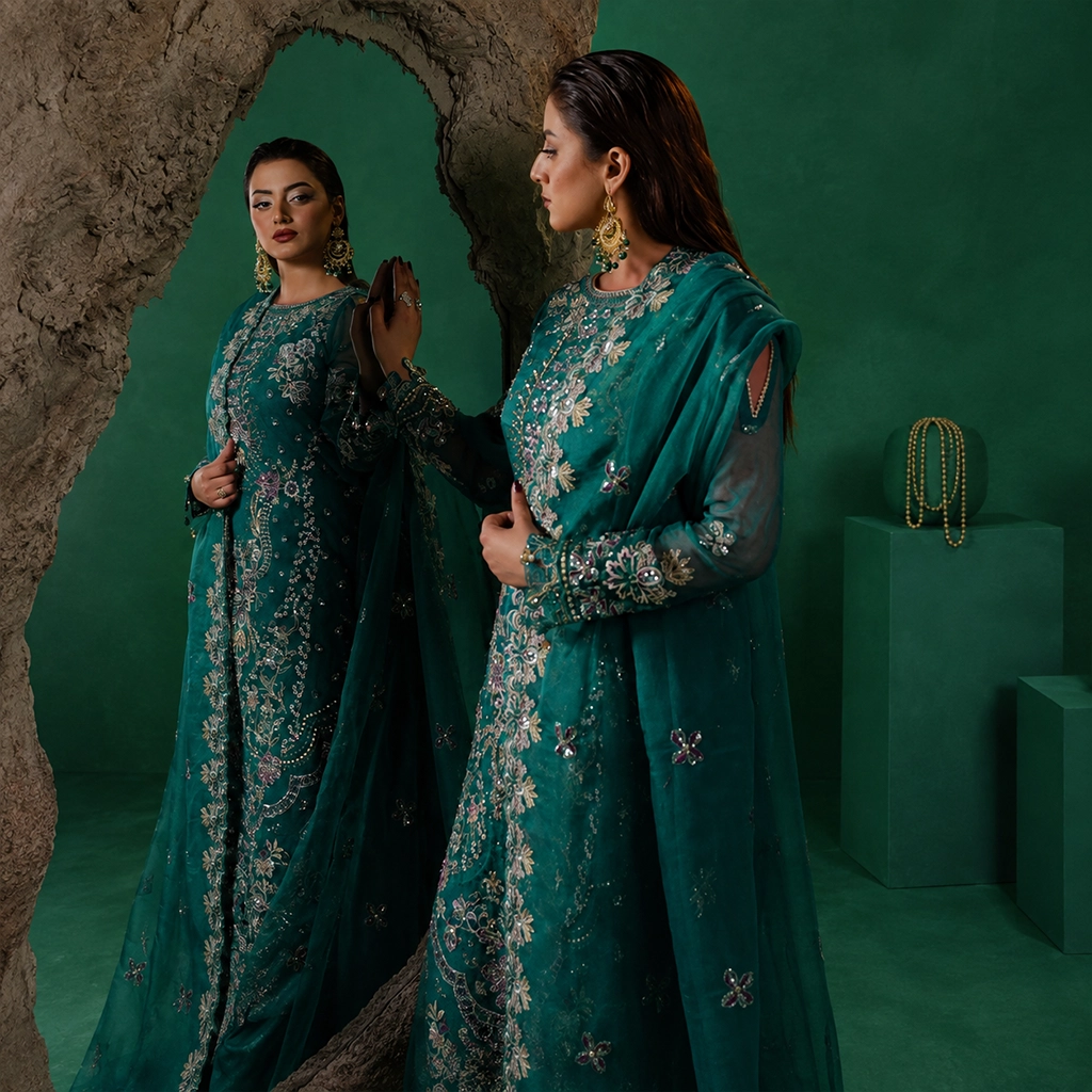 Aqua Deep Organza pakistani party wear uk