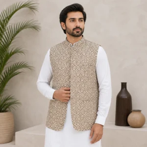 Beige Jamawar Wedding Waist Coat Men